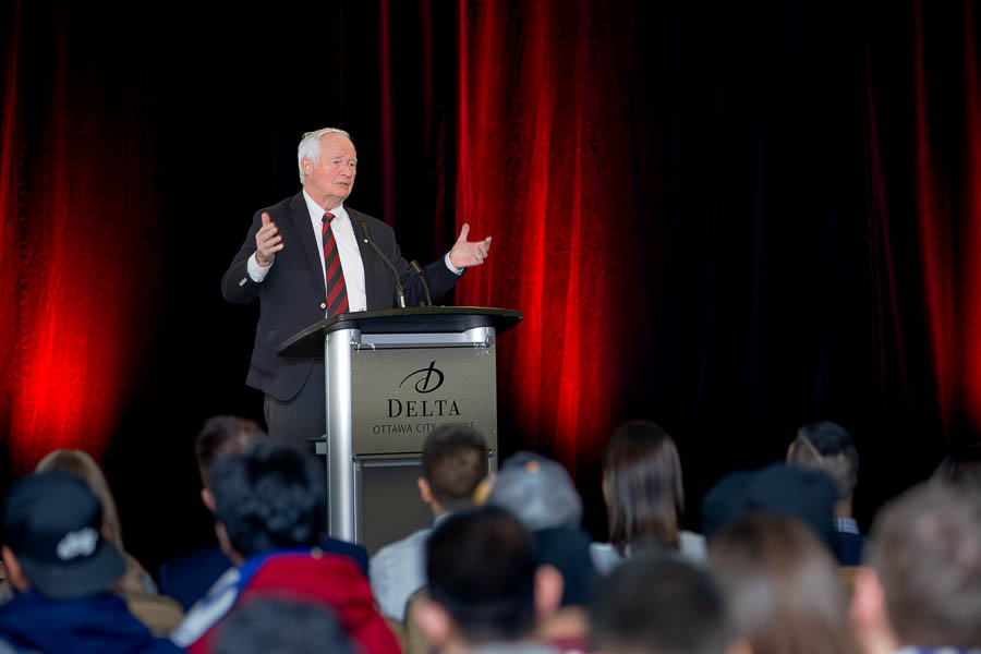 Event photography of the Honourable David Lloyd Johnston, 28th Governor General of Canada, delivering a keynote to University of Ottawa MBA students at the Delta Hotel in Ottawa